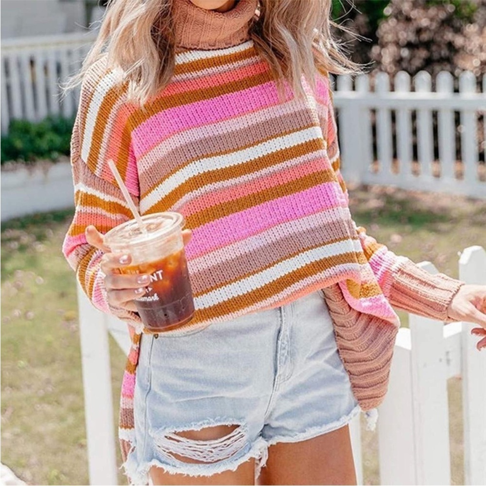 Aerie Tan & Pink Striped Turtleneck Sweater NEW